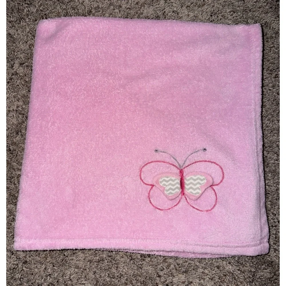 RN 67227 Pink Butterfly Baby Blanket Gray White Chevron‎ Wings Plush Soft Lovey